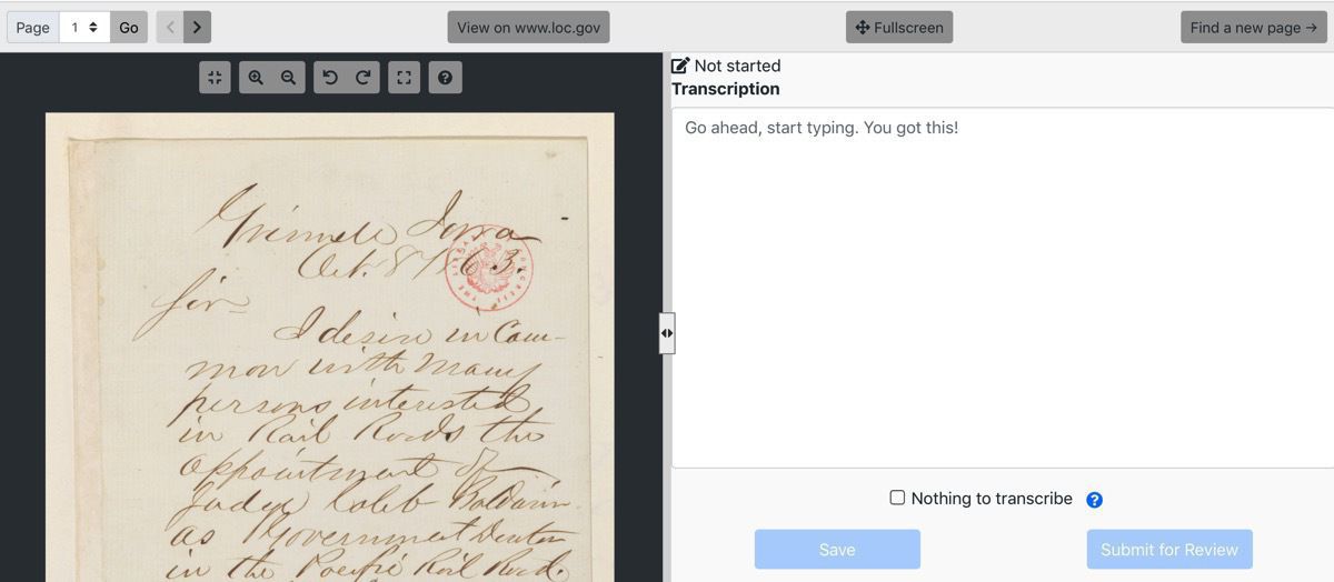 screenshot of transcription entry screen on Library of Congress By The People project website